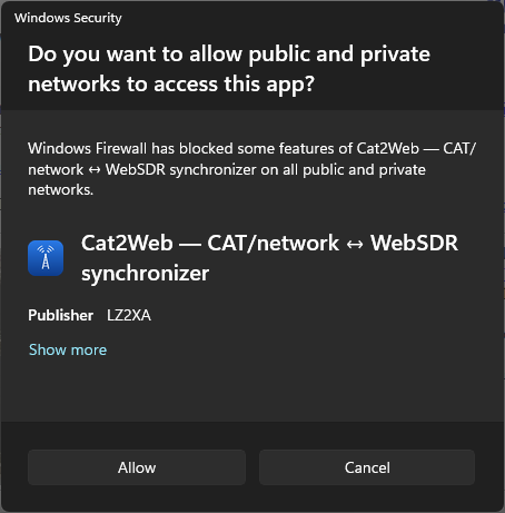 Windows Firewall — allow Cat2Web on private and public networks